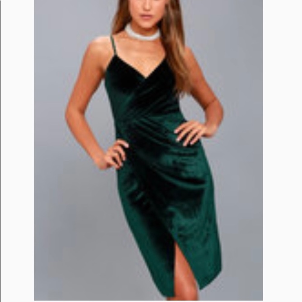 Lulus Honey Love Dark Green Velvet Bodycon Wrap Dress